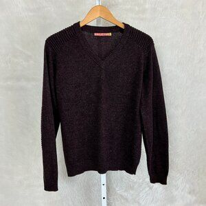 Kuna Men's Heather Red Ribbed Shoulders & Elbows Baby Alpaca V-Neck Sweater S